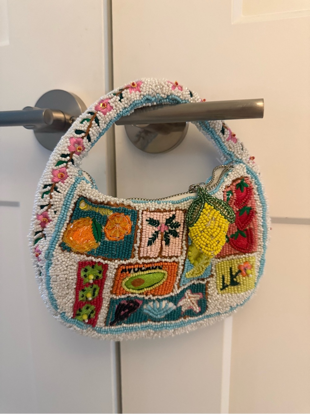 Beaded Fruit Patch Mini Shoulder Bag - White & Multicolor